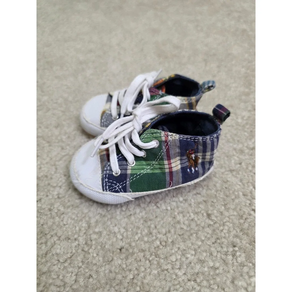 Polo Ralph Lauren Infant Plaid Soft Sole Crib Shoes Multi Color Sneakers Size 2